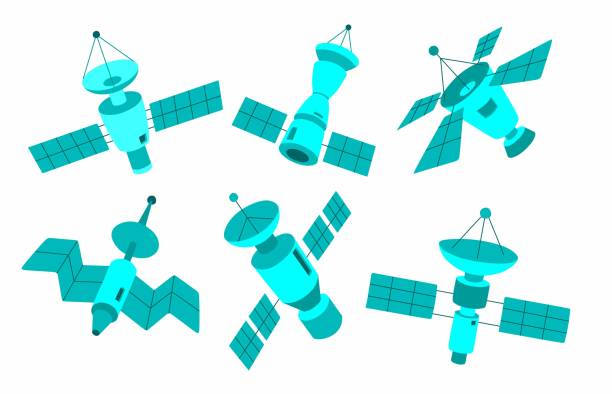 illustrazioni stock, clip art, cartoni animati e icone di tendenza di set di satelliti su sfondo bianco. - antenna parabolica