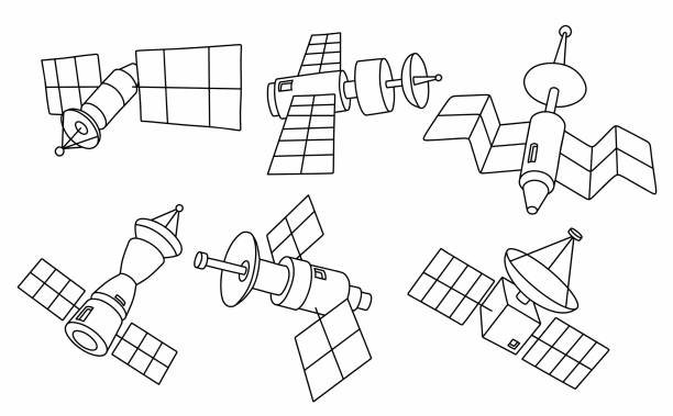 doodle zestaw uroczego satelity. - satellite view illustrations stock illustrations