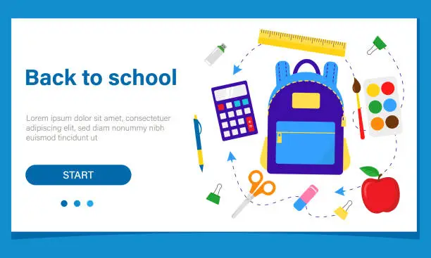 Vector illustration of Back to school web banner design. Backpack and school supplies. Sale of school supplies. Vector illustration