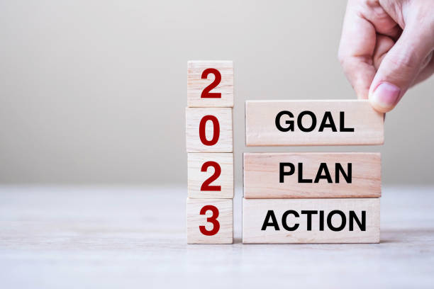 istock hand holding wooden block with text 2023 GOAL, PLAN and ACTION on table background. Resolution, strategy, solution, goal, business and New Year holiday concepts 1408017403