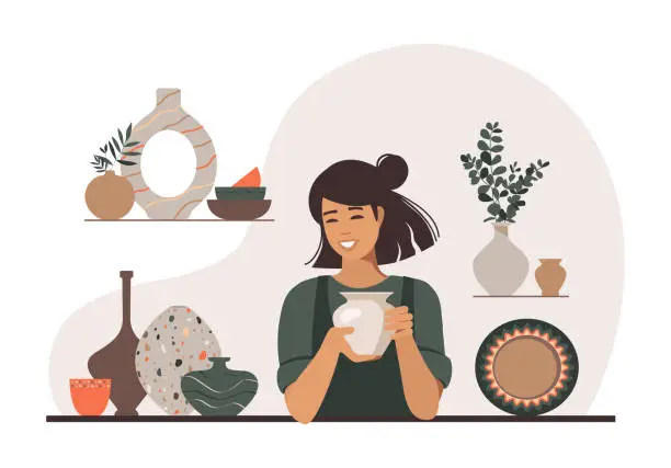 Vector illustration of A woman sculpts a clay vase. Pottery workshop concept.