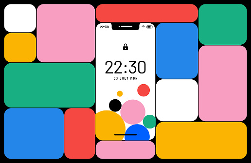 Regular colorful information boxes around the smartphone.