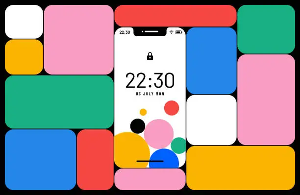 Vector illustration of Regular colorful information boxes around the smartphone.
