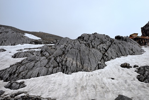 Monte Rosa range seen from the Gornergrat station at 3135 meter above sea level in the European Alps between Switzerland and Italy. Central Monte Rosa massif  with Dufourspitze to the south (right) and Nordend to the north (left), the Monte Rosa Glacier right below on its western wing, the upper Gorner Glacier on the left, and the Grenzgletscher to the right.