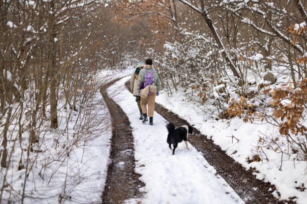 istock Unrecognizable couple hiking during winter day while dog makes them a company 1408022455