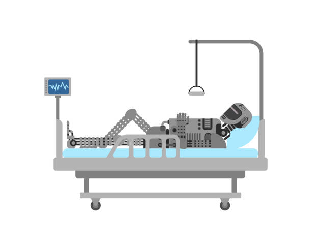 kranker roboter auf dem krankenhausbett. cyborg-reparatur. das konzept der zukunft der menschheit - mankind stock-grafiken, -clipart, -cartoons und -symbole