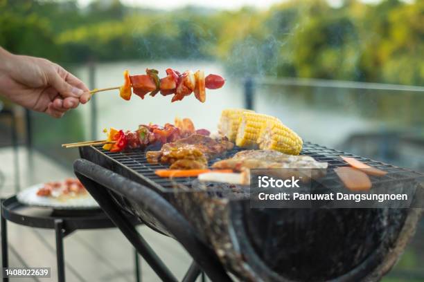 Delicious Grilled Meat With Smoke Bbq With Vegetables In Outdoor Barbecue Party Lifestyle And Picnic Concept Stock Photo - Download Image Now