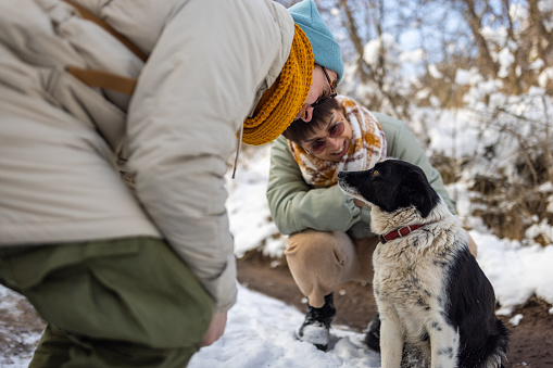 Young Caucasian couple, enjoy the winter day adventure at the mountain, while relaxing after hiking, and petting mixed-breed dog