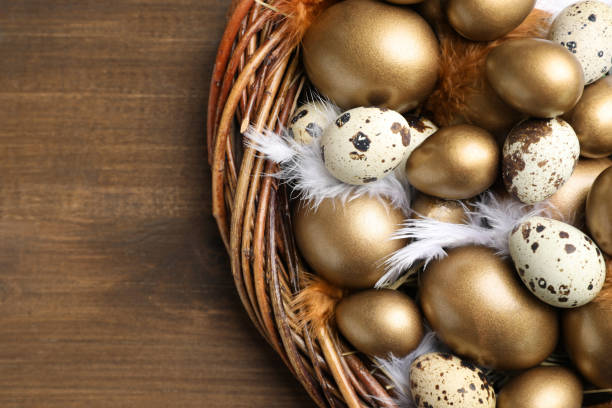 Many golden and quail eggs in nest on wooden table, top view. Space for text Many golden and quail eggs in nest on wooden table, top view. Space for text top gold ira stock pictures, royalty-free photos & images