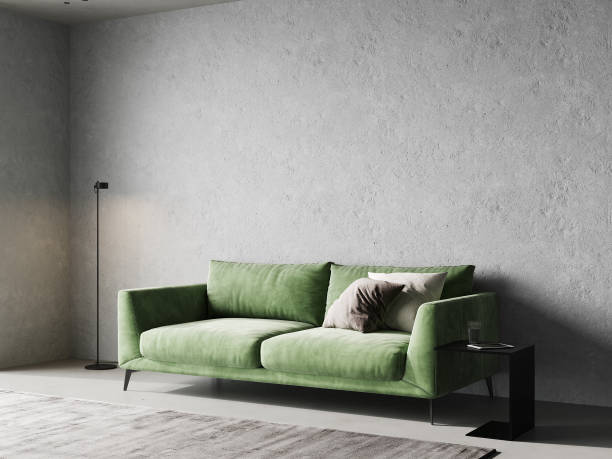 istock Concrete wall mockup in stylish interior with green sofa, 3d rendering 1408023018