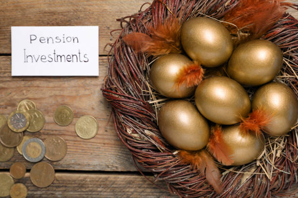 Many golden eggs, coins and card with phrase Pension Investments on wooden table, flat lay Many golden eggs, coins and card with phrase Pension Investments on wooden table, flat lay top gold ira stock pictures, royalty-free photos & images