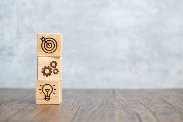 istock wood block with business goal, strategy, target, mission, action, objective, teamwork and idea concept 1408023899