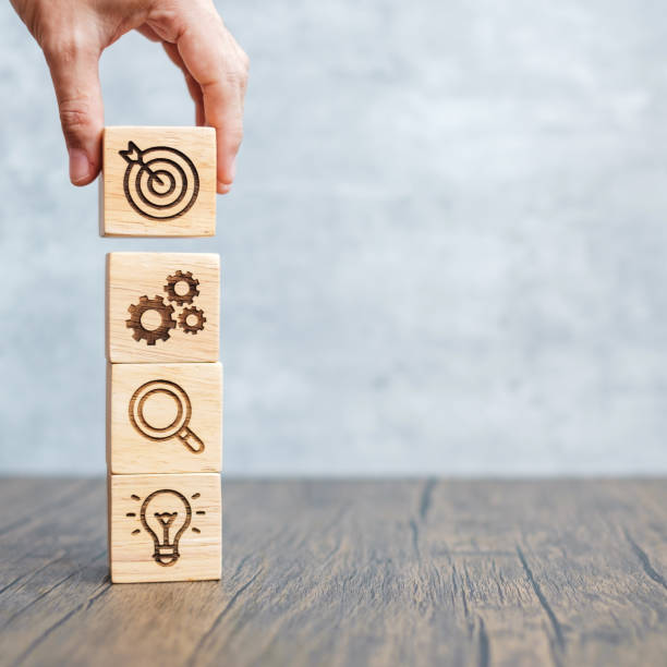 istock hand hold wood block with business goal, strategy, target, mission, action, objective, teamwork, research and idea concept 1408023907