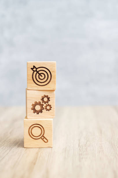 istock wood block with business goal, strategy, target, mission, action, objective, teamwork, brainstorm and idea concept 1408024045