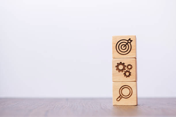 istock wood block with business goal, strategy, target, mission, action, objective, teamwork, brainstorm and idea concept 1408024154