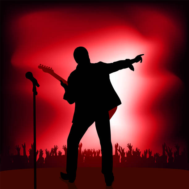 Symbol of the idol, with a rock singer greeting his fans. Concept of the rock music concert with a guitarist who greets his audience by pointing the finger at the crowd who applaud his show. curtain call stock illustrations
