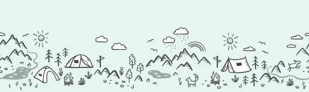 Vector illustration of Cute hand drawn vector seamless pattern with camping doodles, tents, landscape and trails, great for textiles, banners, wallpapers-