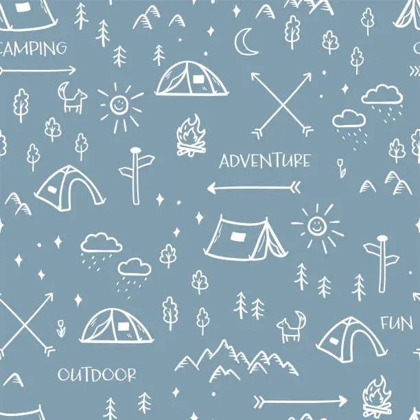 Vector illustration of Cute hand drawn vector seamless pattern with camping doodles, tents, landscape and trails, great for textiles, banners, wallpapers-