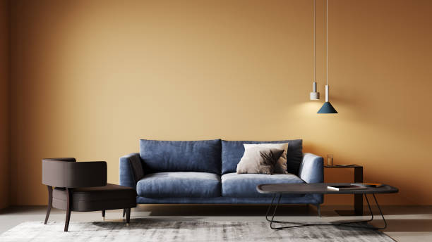 istock Grungy pale red room interior with a blue sofa, 3d rendering 1408026339