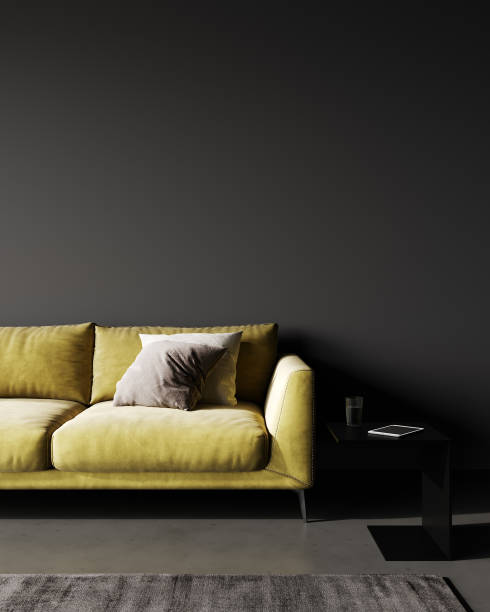 istock Black living room interior with yellow sofa, minimalist industrial style, 3d render 1408026345