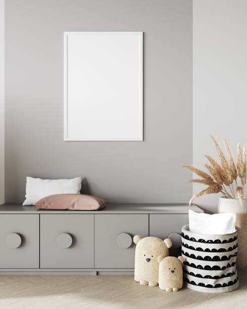istock Mock up poster frames in light gray children room background, 3d render 1408026365