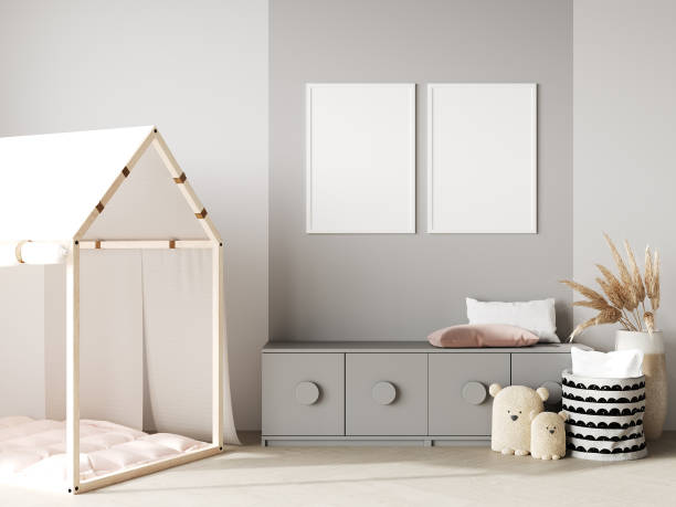 istock mock up poster frame in children bedroom, Scandinavian style interior background, 3D render, 3D illustration 1408026366