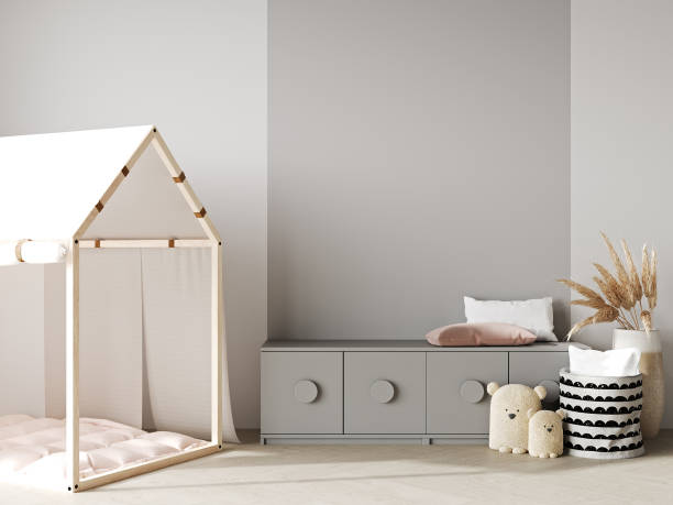 istock Wall mockup in stylish children room interior background, 3D render 1408026367