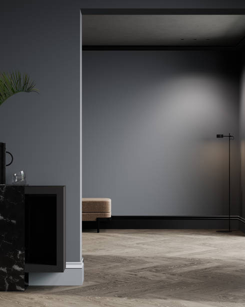 istock Empty dark wall mockup in stylish living room, 3d rendering 1408026372