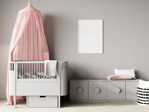 istock Mock up frame in gray clean children room interior background, 3D render 1408026374