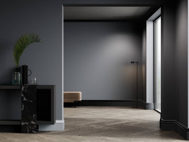 istock Black living room interior with console, minimalist industrial style, 3d render 1408026379