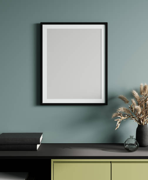 istock Mockup frame with green cabinet in modern interior on empty blue wall background, 3d rendering 1408026448