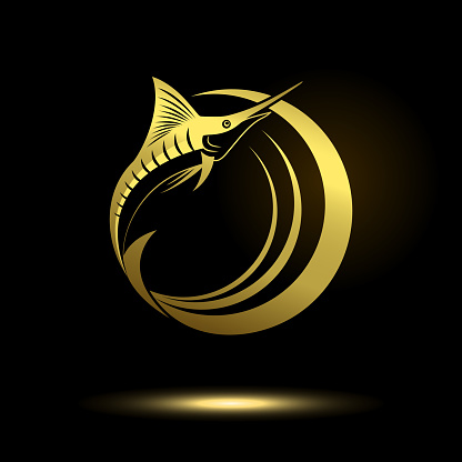 icon marlin fish in gold color on a black background
