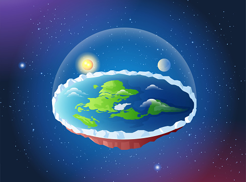 illustration concept of the theory about flat earth shape, internet conspiracy about the shape of the earth which is not round but flat and resembles a disk with a dome and the rotation of the sun and moon