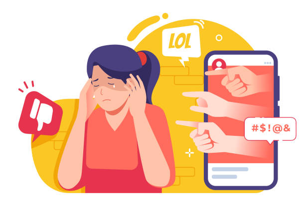 Cyber bullying and social media hate comment Cyber bullying and social media hate comment illustration concept, Depressed young woman after insult, swear, verbal abuse in internet pain points stock illustrations