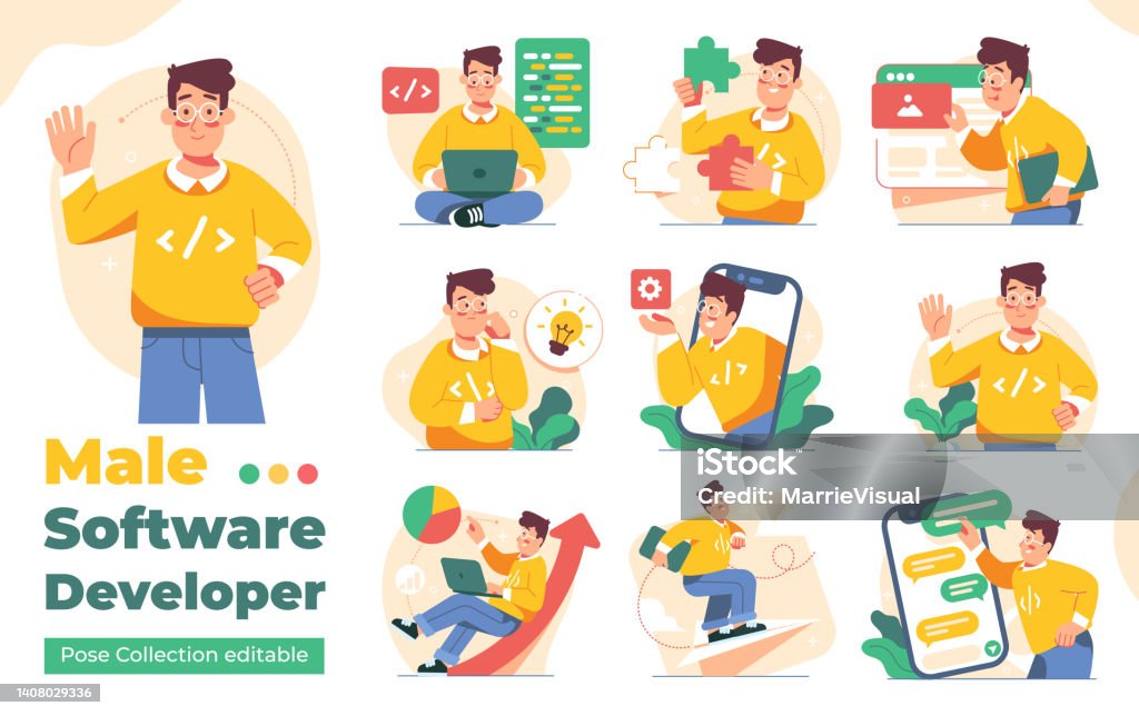 Developer Pose Male Software Developer With Various Pose Collection Stock Illustration ...