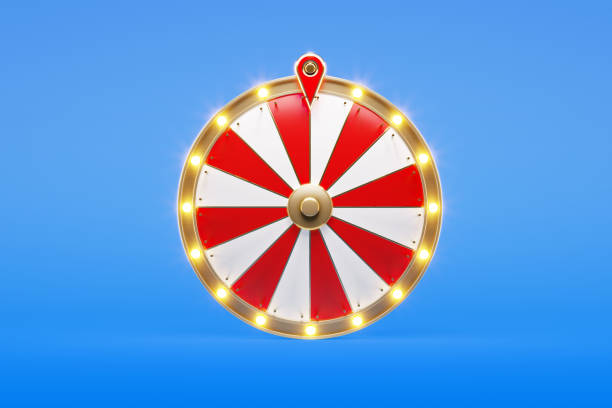 Wheel of fortune on blue background. Horizontal composition with copy space. Front view.