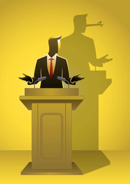 Businessman giving speech with his long nose shadowv Vector illustration of a man on a podium giving speech with his long nose shadow. Concept of liar hypocrisy stock illustrations