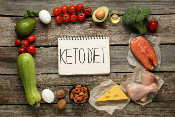 istock Flat lay composition with keto diet products on wooden table 1408034522