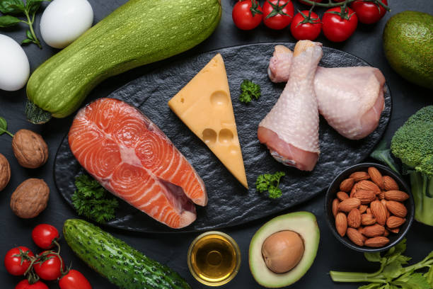 istock Flat lay composition with keto diet products on black table 1408034532