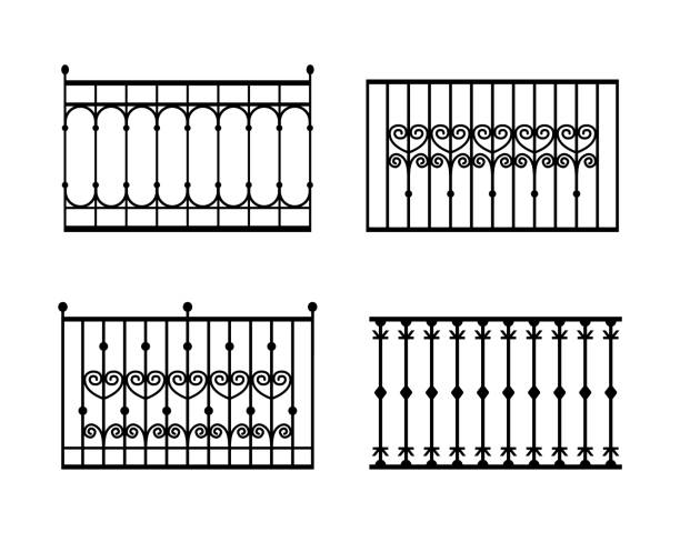 ilustraciones, imágenes clip art, dibujos animados e iconos de stock de gran conjunto de barandilla de balcón y cercas de cercas de acero inoxidable, hierro. - iron fence