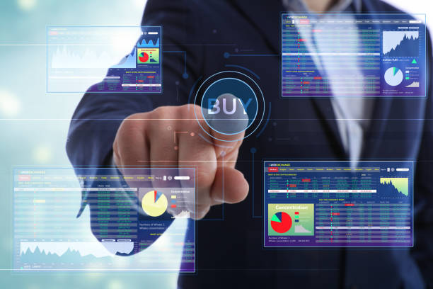 istock Stock exchange. Businessman pointing at virtual screen electronic online trading platform, closeup 1408034615