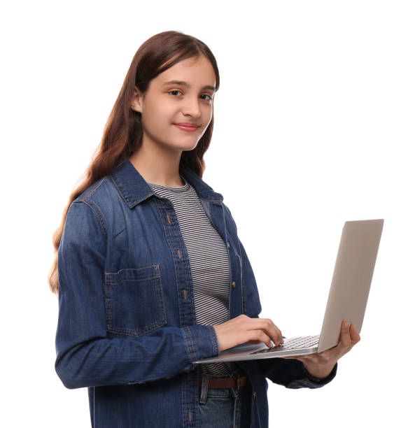 istock Teenage student with laptop on white background 1408034705