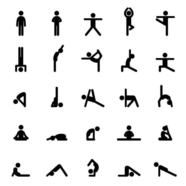 illustrations, cliparts, dessins animés et icônes de ensemble d’icônes faisant des exercices de yoga. s’étirer et se détendre dans de nombreuses poses de yoga différentes - stretching exercising gym silhouette