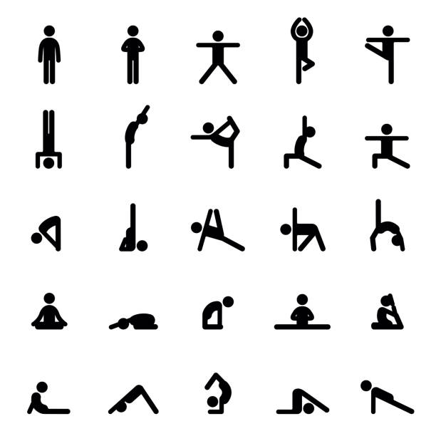 Set of icons doing yoga exercises. Stretching and relaxing in many different yoga poses Set of icons doing yoga exercises. Stretching and relaxing in many different yoga poses. Black shapes of person isolated on white background. Yoga complex. balance silhouettes stock illustrations
