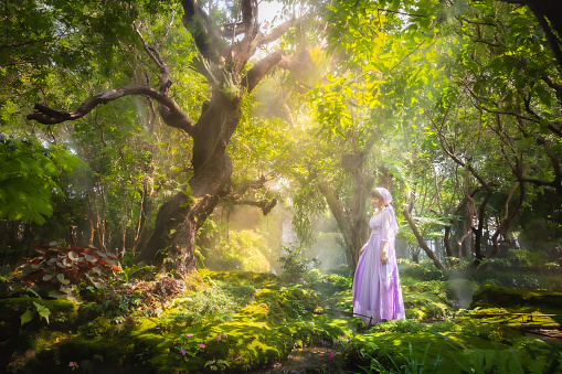 Girl in a princess dress is walking in a mysterious deep forest with trees, flowers and waterfalls in the background.