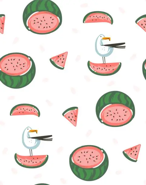 Vector illustration of Hand drawn vector abstract graphic cartoon summer time flat illustrations seamless pattern with watermelons isolated on white background