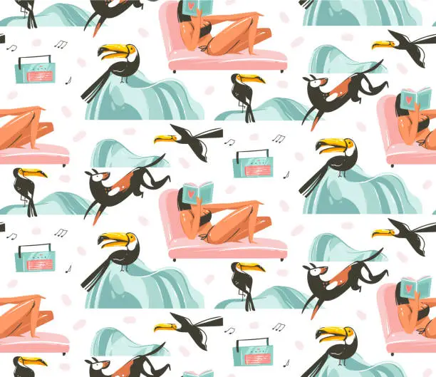 Vector illustration of Hand drawn vector abstract graphic cartoon summer time flat illustrations seamless pattern with girls characters relax on the beach with tropical toucan birds isolated on white background