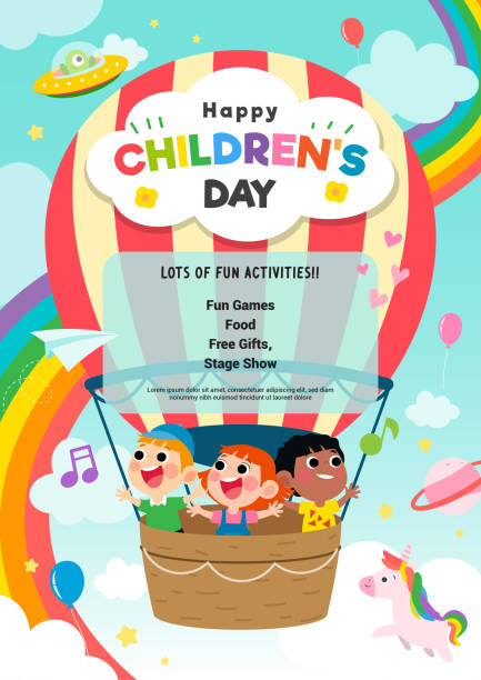 illustrazioni stock, clip art, cartoni animati e icone di tendenza di happy children's day poster invito disegno vettoriale. bambini che cavalcano mongolfiera che vola sopra l'arcobaleno - hot air balloon illustrations