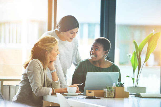Dedicated colleagues collaborating to discuss ideas and strategies for a new project. Group of diverse business women brainstorming and planning on a laptop during a meeting in an office boardroom. stock photo