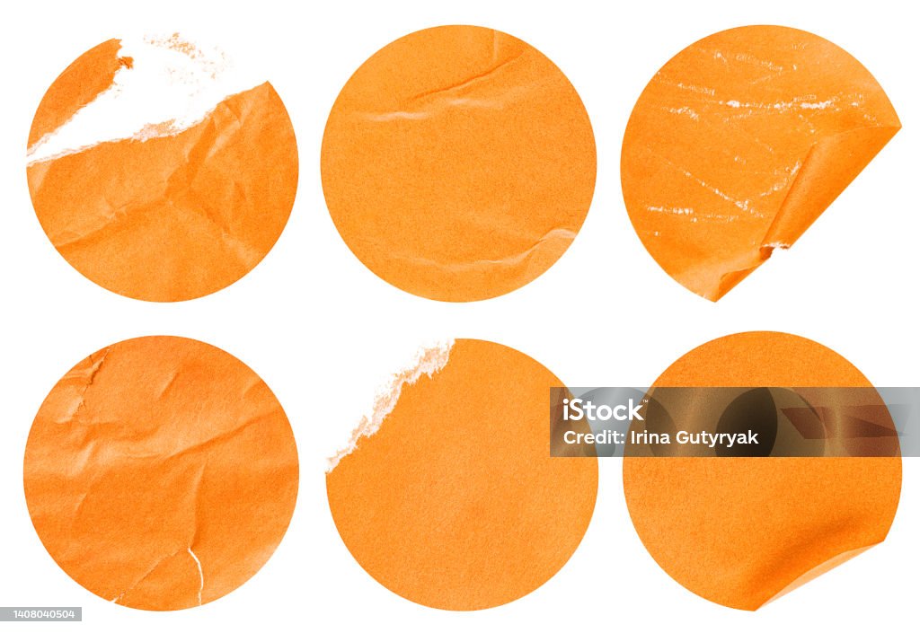 six round orange stickers collection of six round orange stickers on a white isolated background Sticker Stock Photo